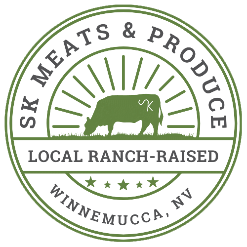 SK Meats Logo Logo of SK Meats & Produce featuring a silhouette of a cow, emphasizing local ranch-raised products, with the text "Winnemucca, NV" and decorative stars.